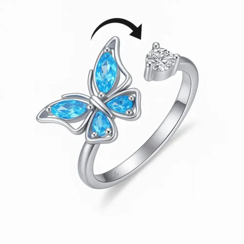 Bague anti stress papillon avec rotation, finition argentée – AntistressZone.fr