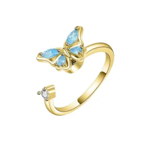 Bague anti stress papillon finition dorée avec zircon bleu – AntistressZone.fr