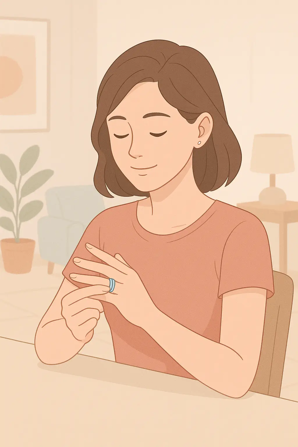 Femme utilisant une bague anti stress bleue dans un environnement apaisant
