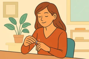 Femme détendue tournant une bague relaxante à son bureau