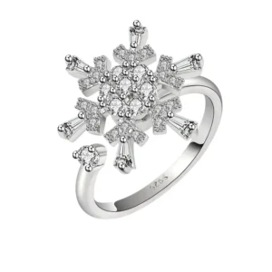 bague-anti-stress-flocon-argentee Bague anti stress flocon rotatif argentée sur fond gris – vue réaliste – AntistressZone.fr