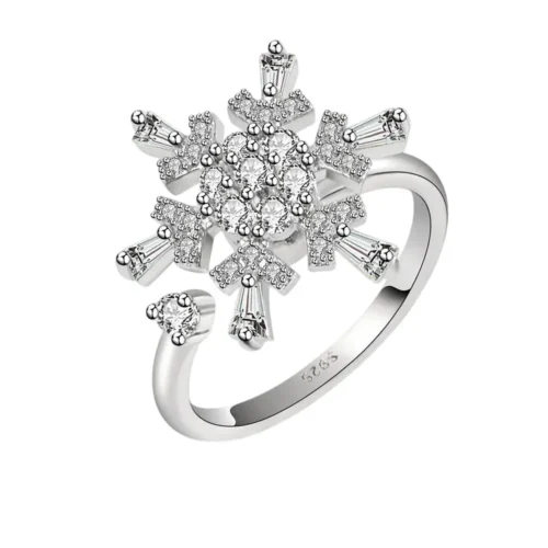 Bague anti stress flocon rotatif argentée sur fond gris – vue réaliste – AntistressZone.fr