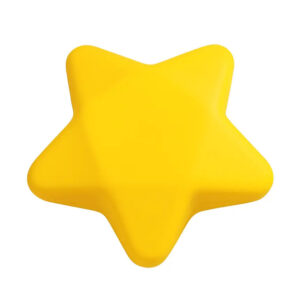 Photo d’une balle anti stress en forme d’étoile jaune, vue de face sur fond blanc