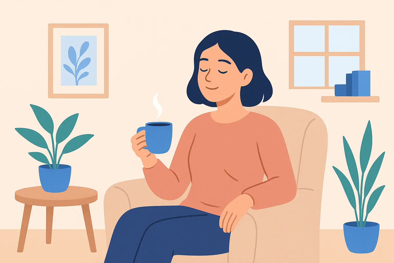 Illustration d'une femme détendue dans un salon naturel, symbolisant le bien être avec une tasse de tisane et une ambiance paisible