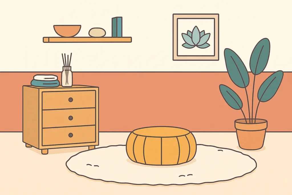 Coin méditation à la maison avec tapis rond, zafu orange et ambiance zen