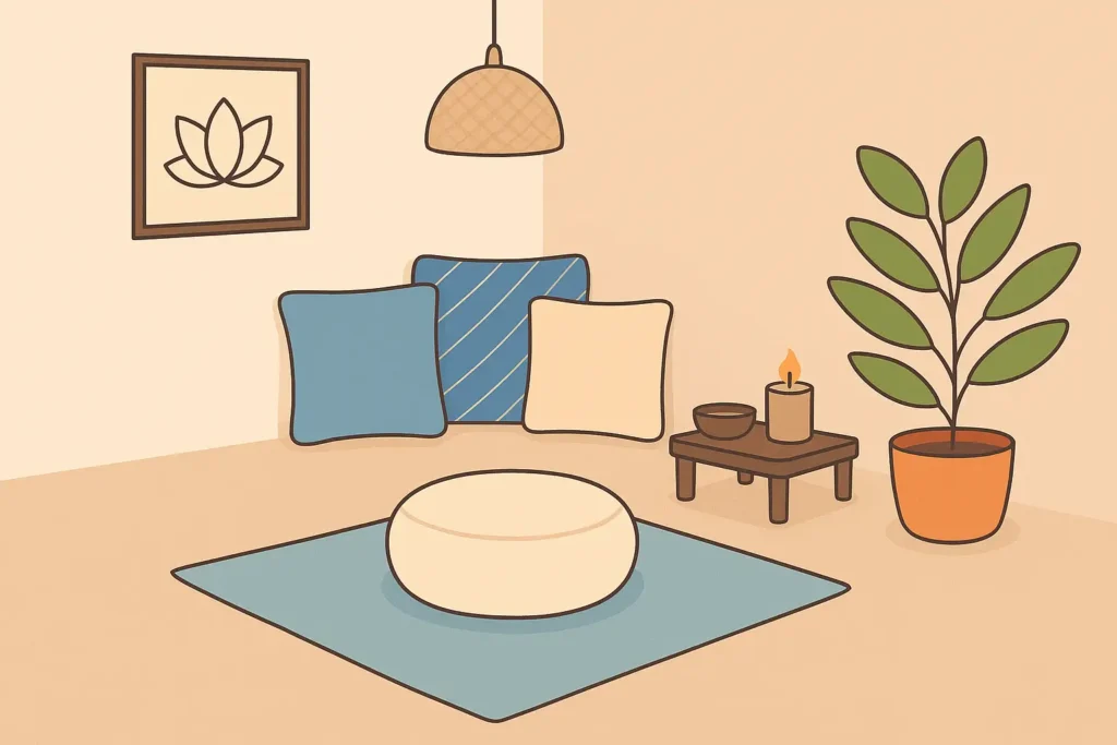 Coin méditation cosy avec tapis bleu, coussins décoratifs et lumière tamisée