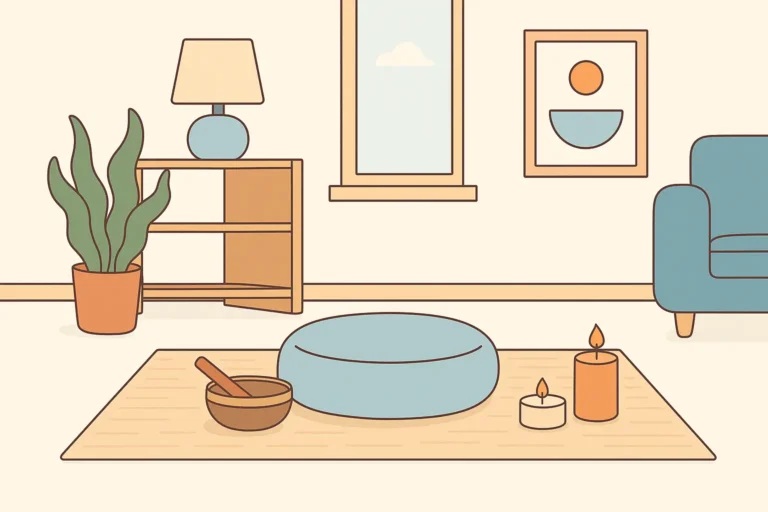 Espace de méditation chez soi avec coussin bleu, bougies et bol chantant