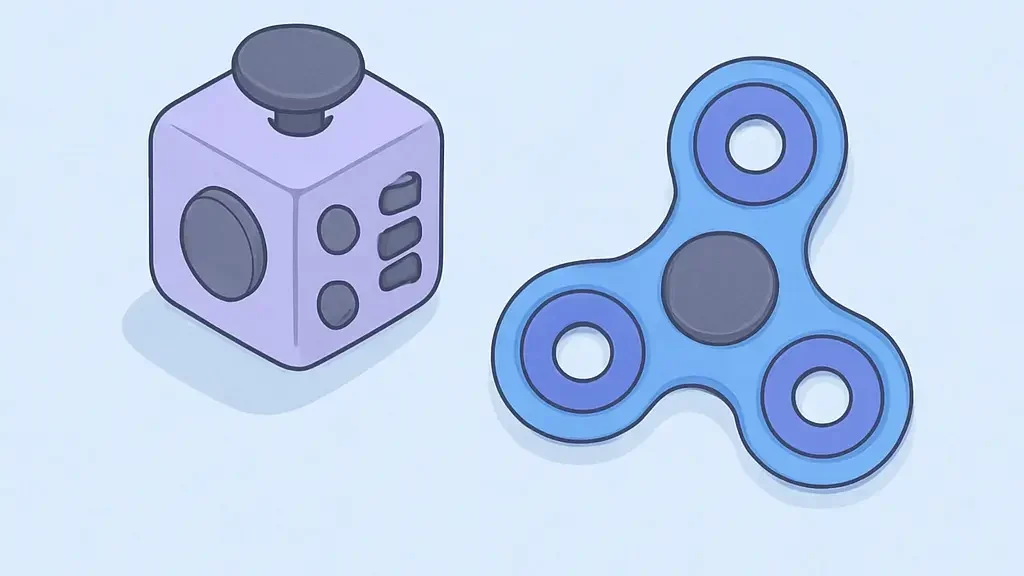 Illustration de deux fidgets anti stress : un cube sensoriel et un spinner, posés sur fond bleu pastel