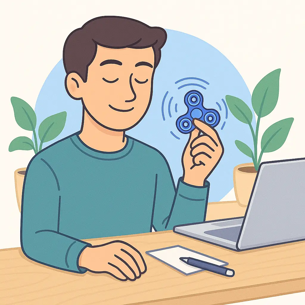 Homme détendu au bureau tenant un fidget spinner anti stress, assis devant un ordinateur