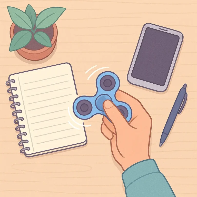 Main tournant un fidget spinner anti stress sur un bureau, avec carnet, stylo et plante