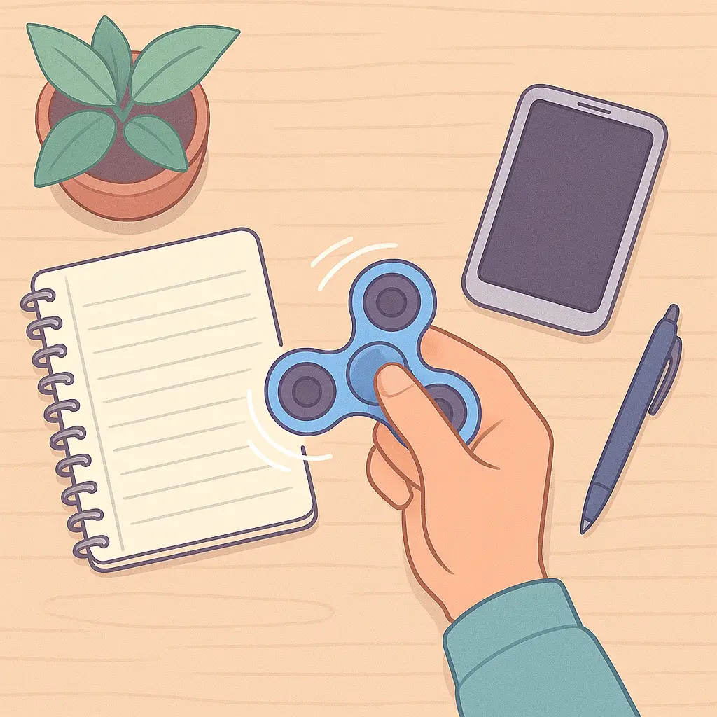 Main tournant un fidget spinner anti stress sur un bureau, avec carnet, stylo et plante