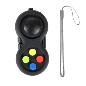 fidget pad anti stress 8 fonctions avec dragonne noir boutons colorés