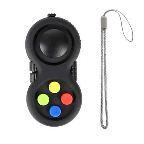 fidget pad anti stress 8 fonctions avec dragonne noir boutons colorés