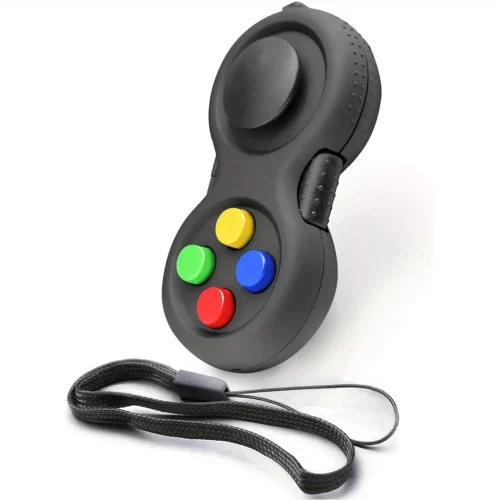 fidget pad anti stress 8 fonctions vue angle noir boutons colorés