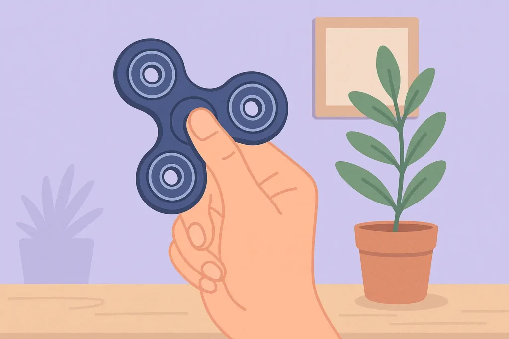 Main tenant un fidget spinner dans un décor apaisant, outil de détente discret