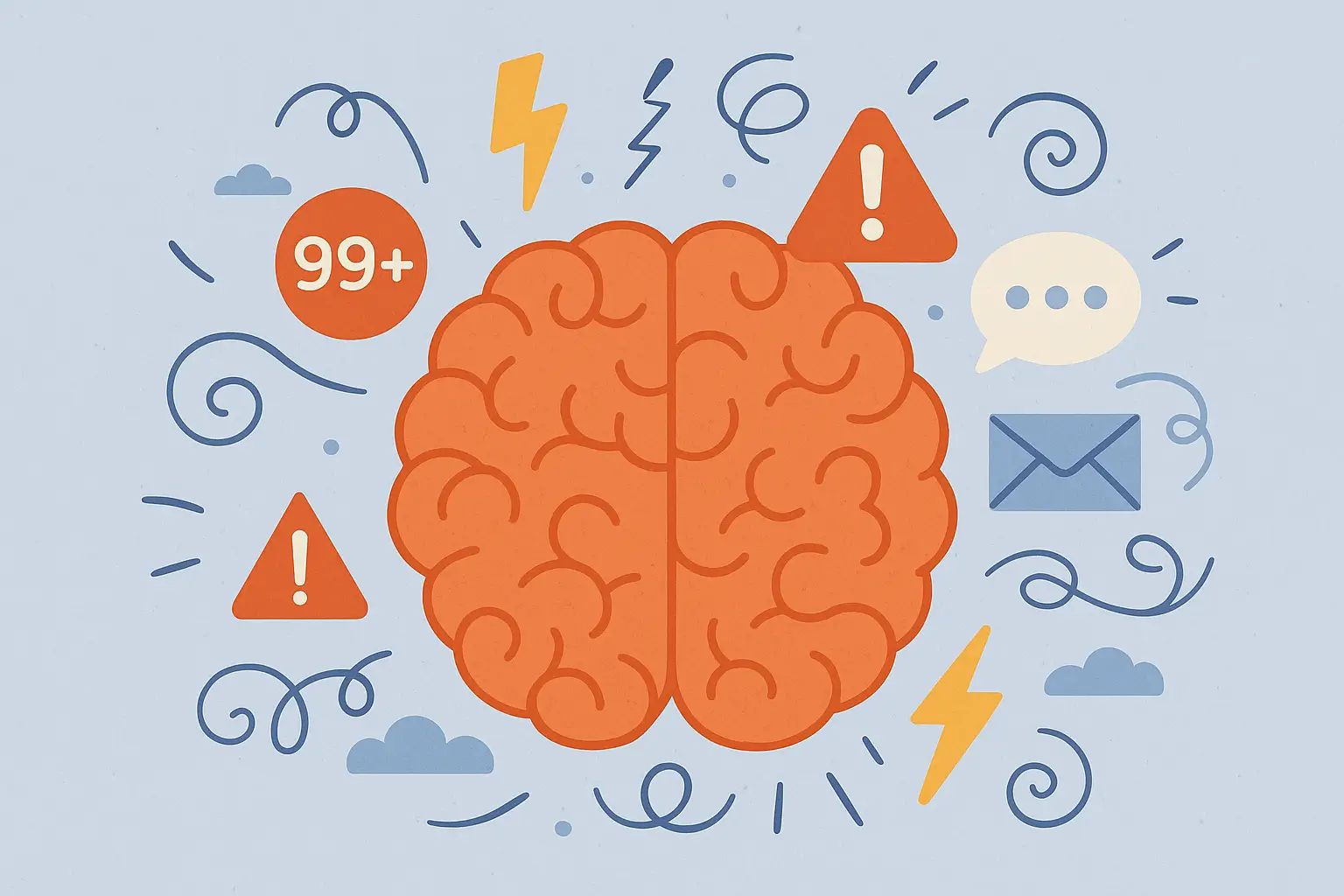 Illustration d’un cerveau apaisé entouré de symboles de calme et de stress maîtrisé