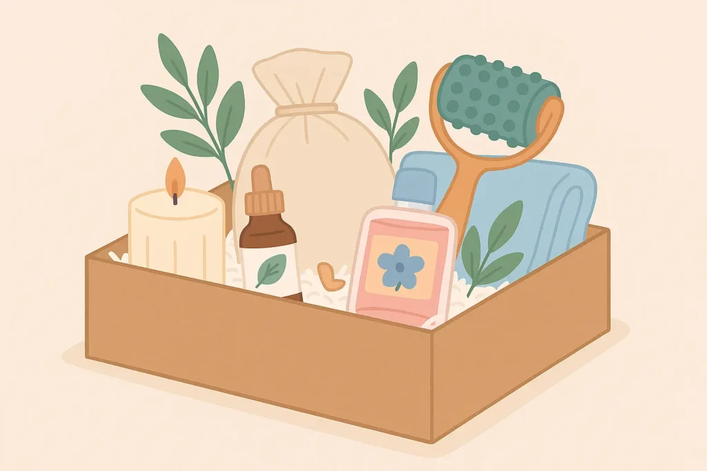 Illustration d’un kit bien être maison avec bougie, huile essentielle et accessoires dans une boîte en carton