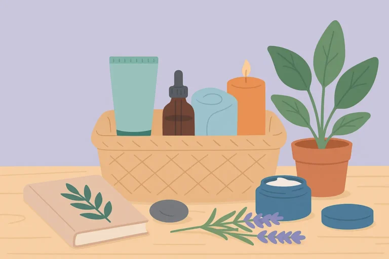 Kit bien être illustré avec plantes, carnet, bougie et cosmétiques naturels sur fond violet apaisant