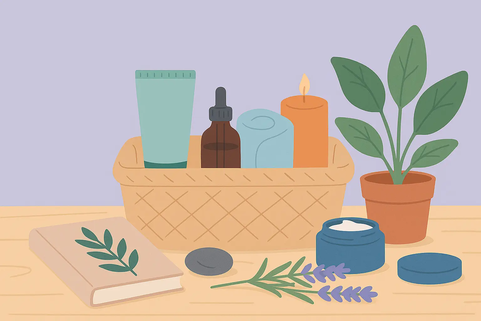 Kit bien être illustré avec plantes, carnet, bougie et cosmétiques naturels sur fond violet apaisant