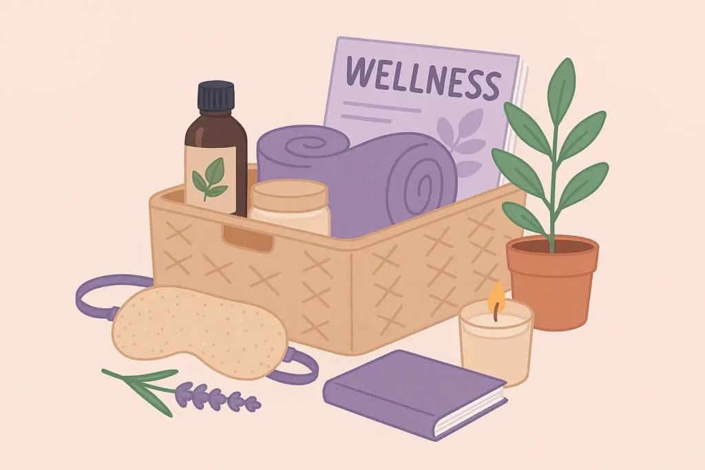 Panier bien-être avec bougie, lavande, masque relaxant et flacon d’huile pour composer un kit bien être personnalisé