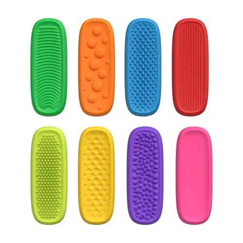Ensemble de 8 manchons sensoriels anti stress, colorés, vue de dessus avec détails des textures