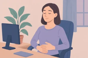 Femme en pause relaxation assise au bureau, yeux fermés et posture calme