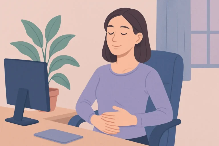 Femme en pause relaxation assise au bureau, yeux fermés et posture calme