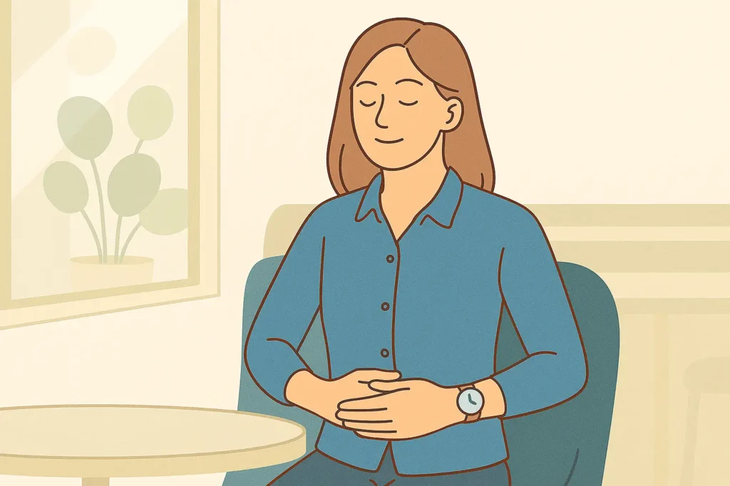 Femme prenant une pause bien-être en public, yeux fermés, concentrée sur sa respiration