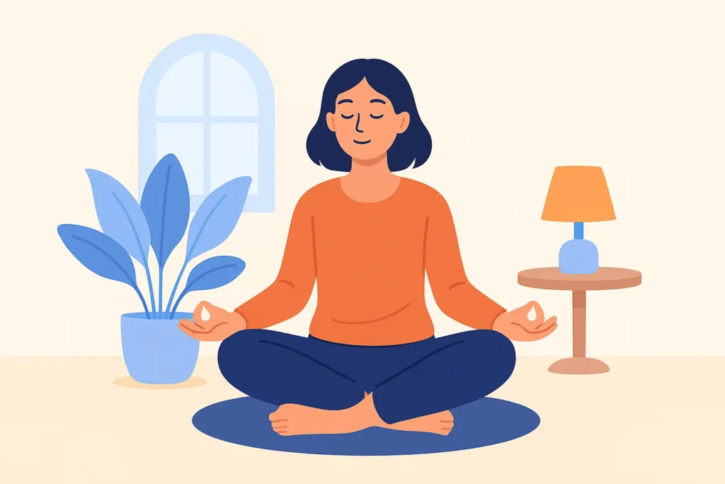 Illustration d'une femme en position assise dans un espace calme, symbolisant la relaxation et la méditation