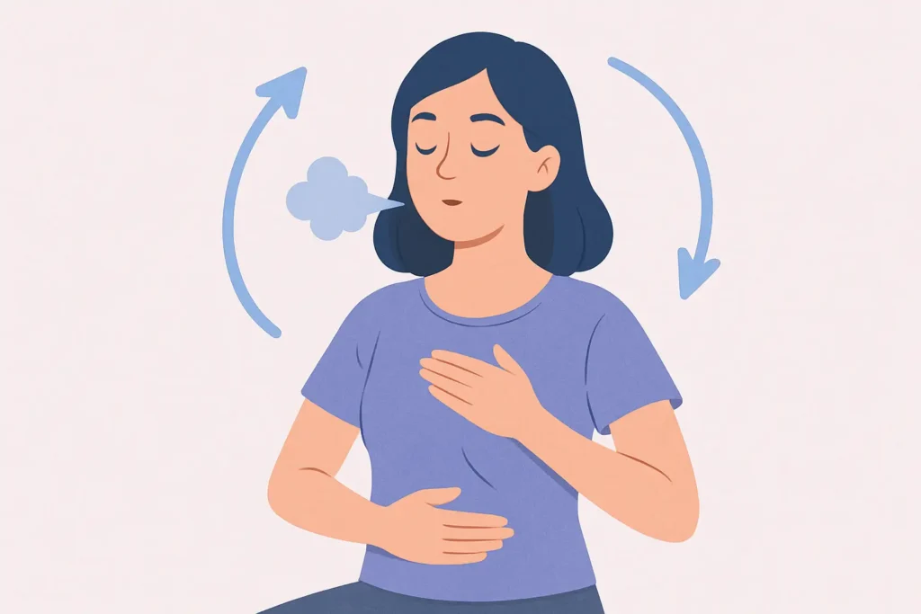 Femme pratiquant un exercice de respiration apaisante, gestes sur le torse et l’abdomen