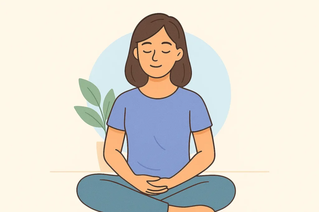 Femme en posture assise pratiquant la respiration consciente dans un environnement calme et apaisant