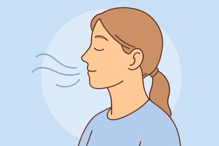 Profil d’une femme illustrant le souffle lent et contrôlé d’un exercice de respiration consciente