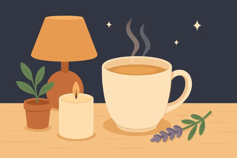 Ambiance de détente en soirée avec tisane fumante, lavande, bougie et lampe douce
