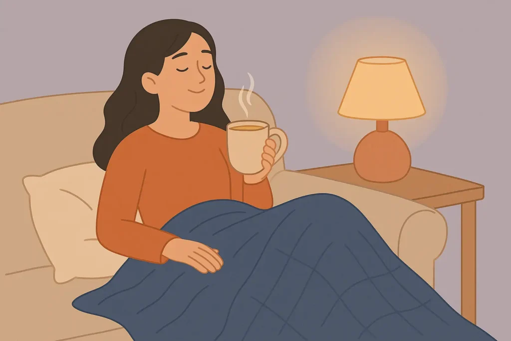 Femme détendue sur un canapé le soir, plaid sur les genoux et tasse de tisane à la main