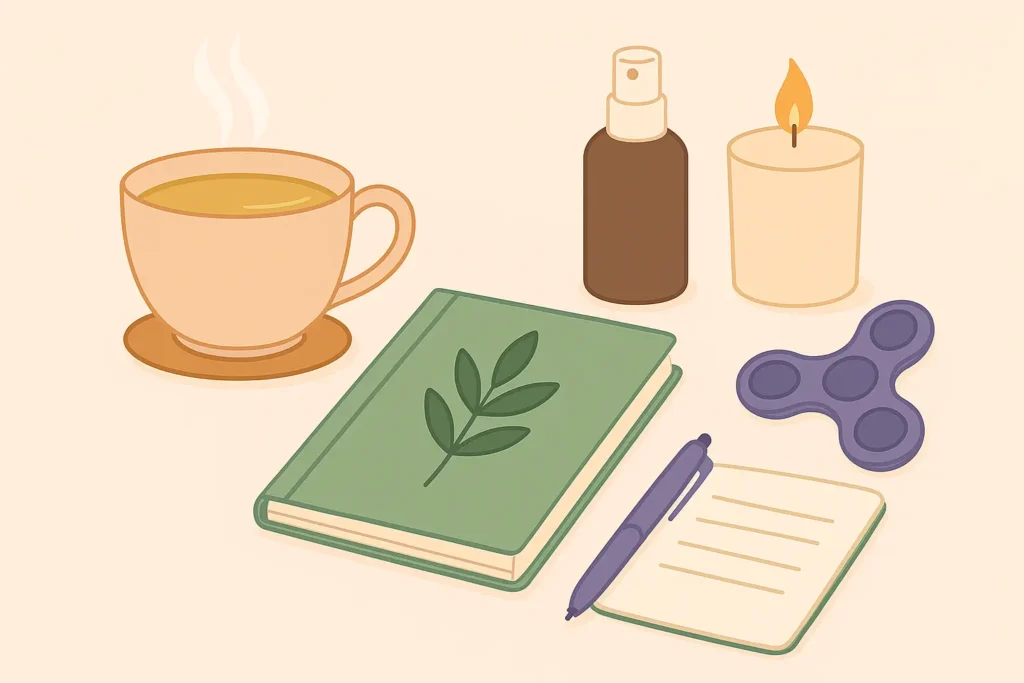 Composition d’objets pour un rituel détente : tisane, carnet, fidget spinner, brume et bougie