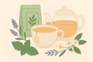 Illustration d’une tasse et théière de tisane relaxante avec camomille, lavande et feuilles de menthe