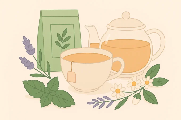 Illustration d’une tasse et théière de tisane relaxante avec camomille, lavande et feuilles de menthe