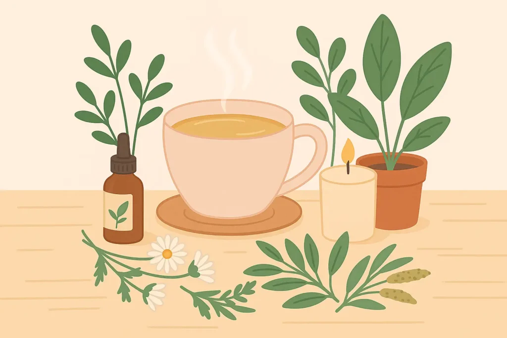 Tasse de tisane relaxante entourée de plantes apaisantes, bougie et flacon d’extrait naturel