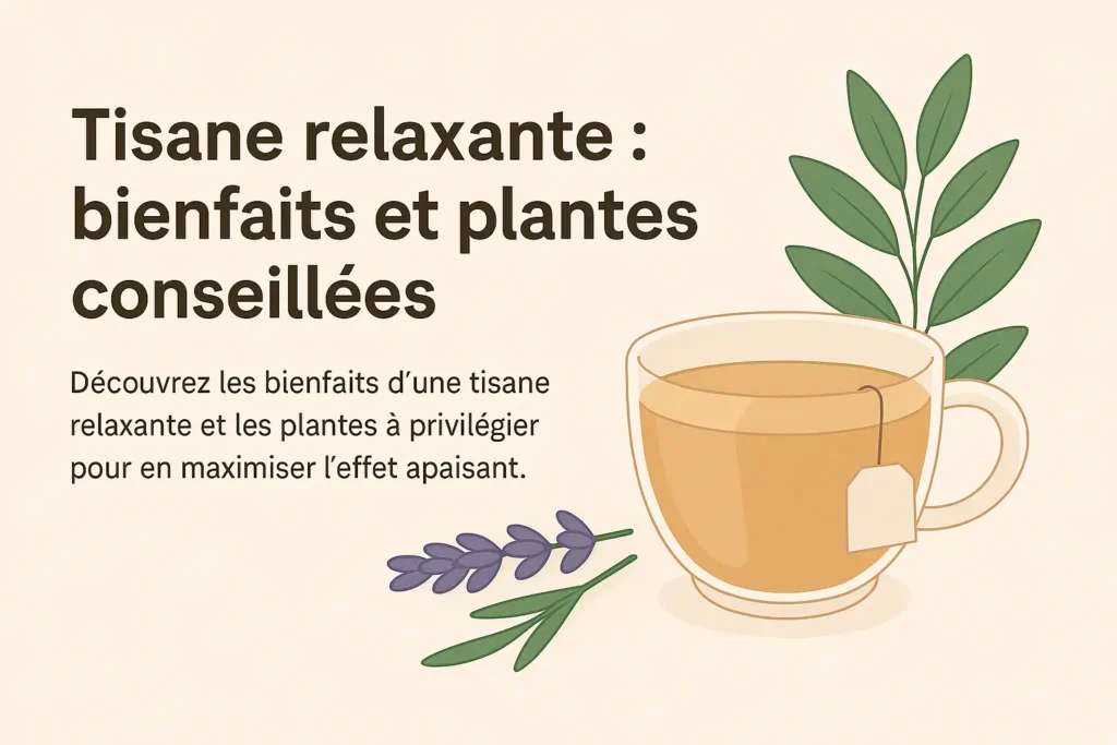 Image avec texte : Tisane relaxante, bienfaits et plantes conseillées, illustrée avec tasse et feuilles

