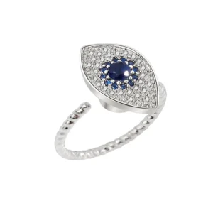 Bague anti stress argentée décorée d’un œil central et de cristaux scintillants