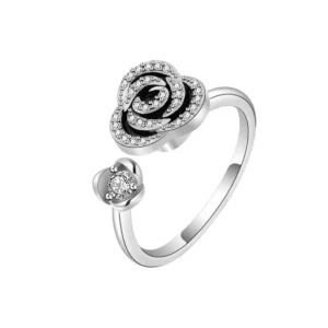 Bague anti stress finition argentée avec motif rose délicat