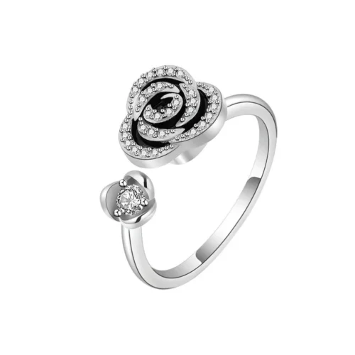 Bague anti stress finition argentée avec motif rose délicat