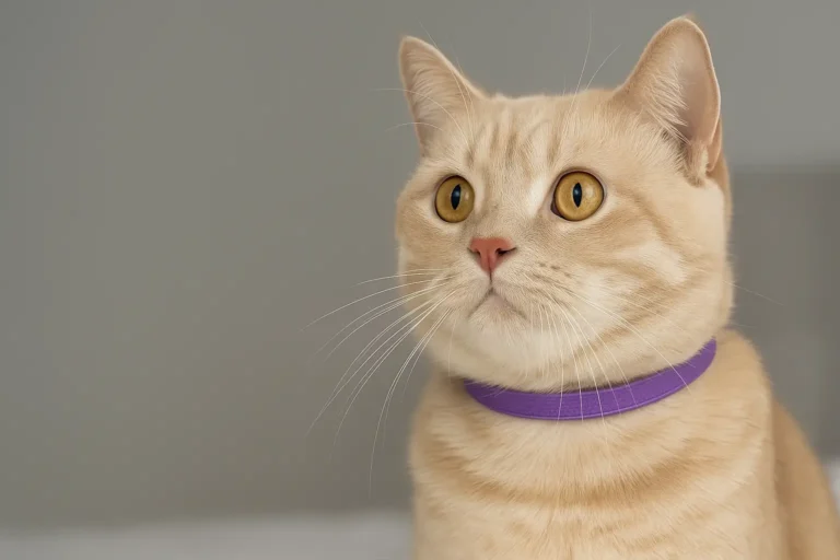 Chat crème au regard apaisé portant un collier anti stress violet sur fond neutre