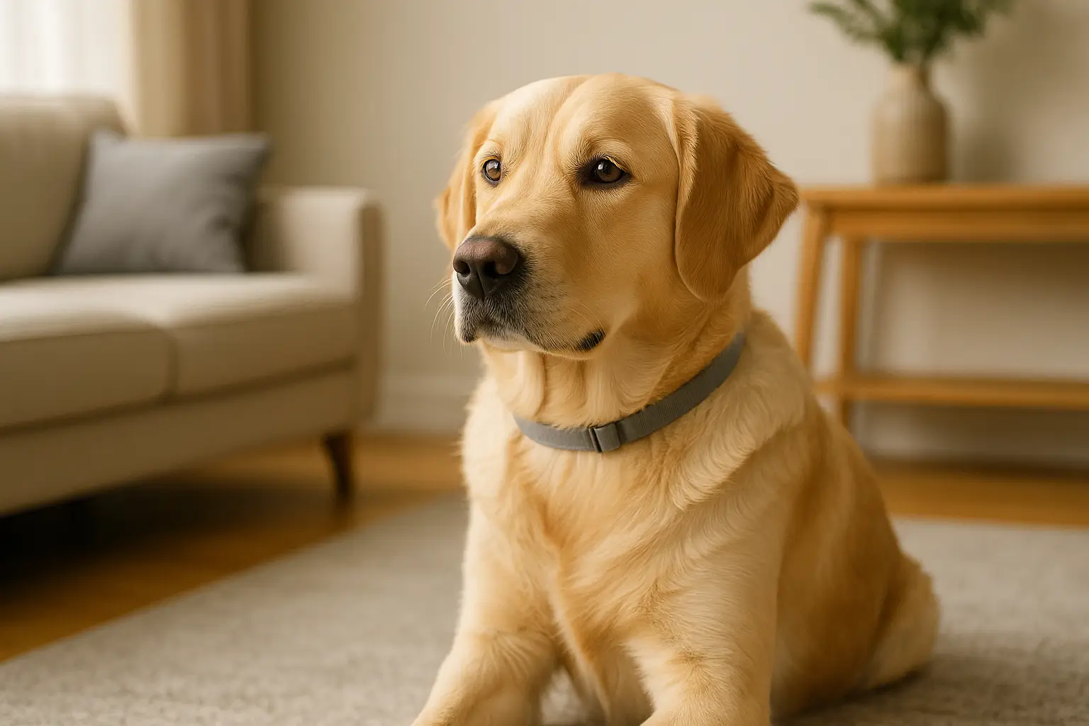 Chien golden retriever calme portant un collier anti-stress gris, installé dans un salon lumineux et chaleureux