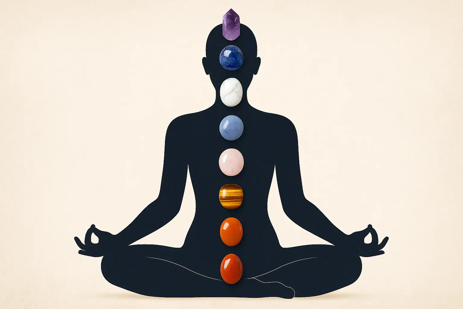 Illustration de lithothérapie : silhouette en méditation avec pierres naturelles alignées sur les 7 chakras (améthyste, quartz rose, œil de tigre, howlite...)