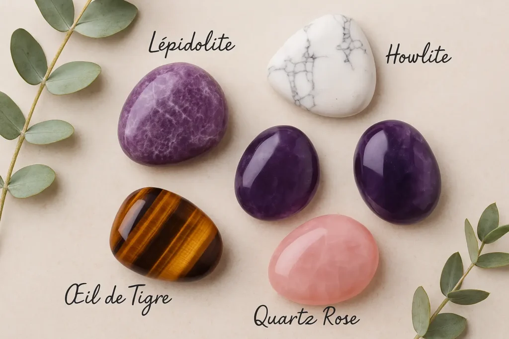Cinq pierres anti-stress étiquetées – Lépidolite, Howlite, Quartz Rose, Œil de Tigre – disposées à plat avec feuillage eucalyptus sur fond clair