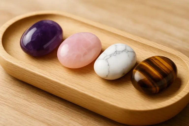 Pierres polies anti-stress alignées sur un plateau en bois clair – améthyste, quartz rose, howlite, œil de tigre