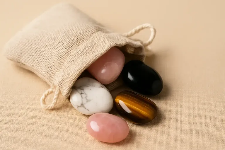 Petit sachet en lin naturel entrouvert avec des pierres anti-stress visibles – quartz rose, howlite, œil de tigre et tourmaline noire