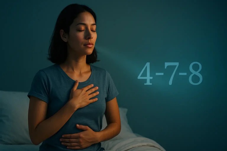 Femme pratiquant la respiration 4-7-8 pour se détendre avant de dormir, dans une ambiance apaisante