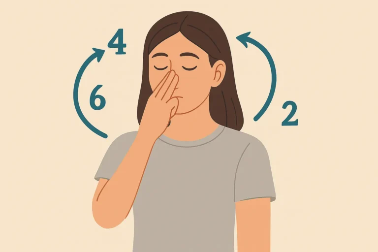 Illustration d’une femme pratiquant la respiration 4-4-6-2 avec des flèches indiquant les temps de respiration